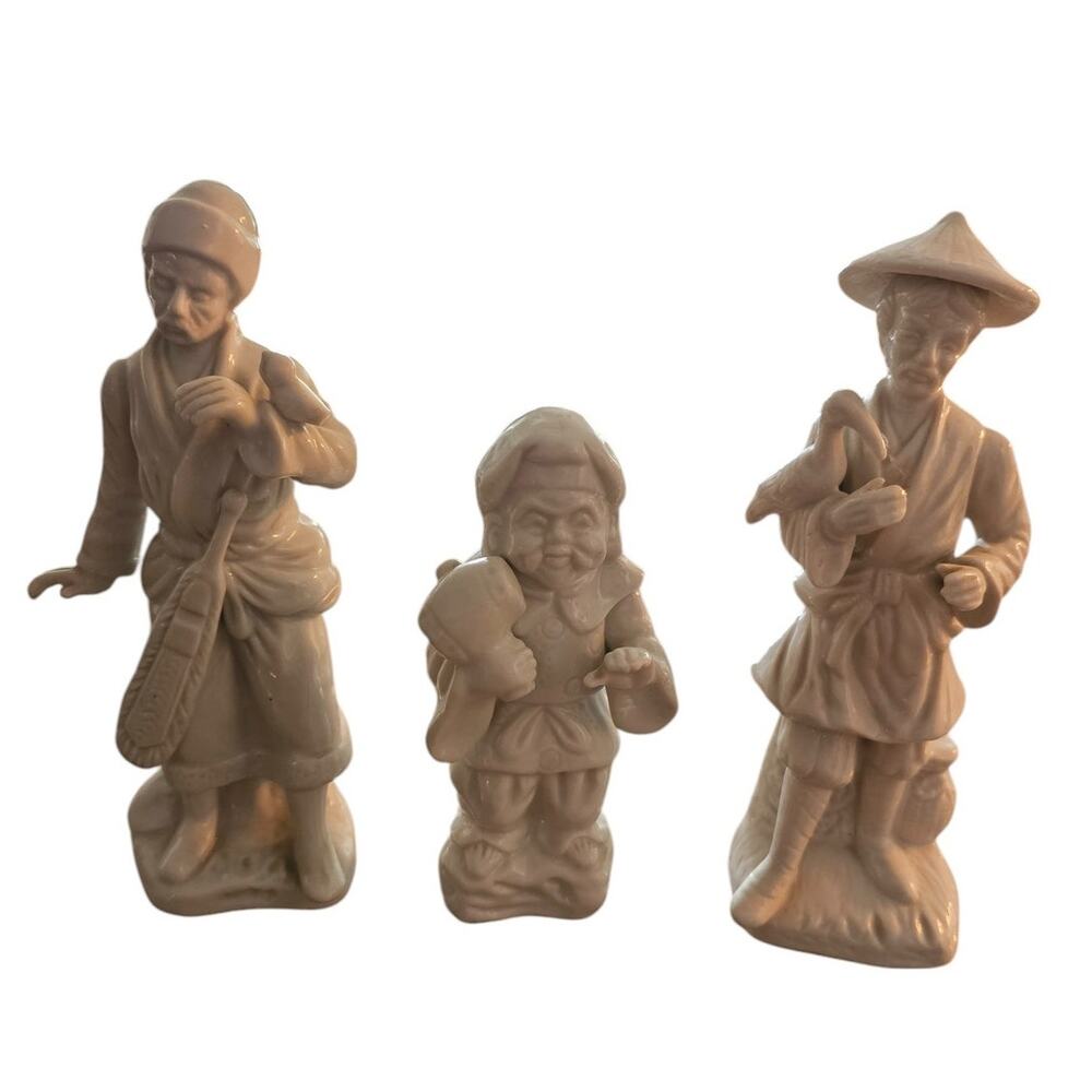 Set of 3 Vintage 1960s White procelain figurine of Asian man with bird on arm